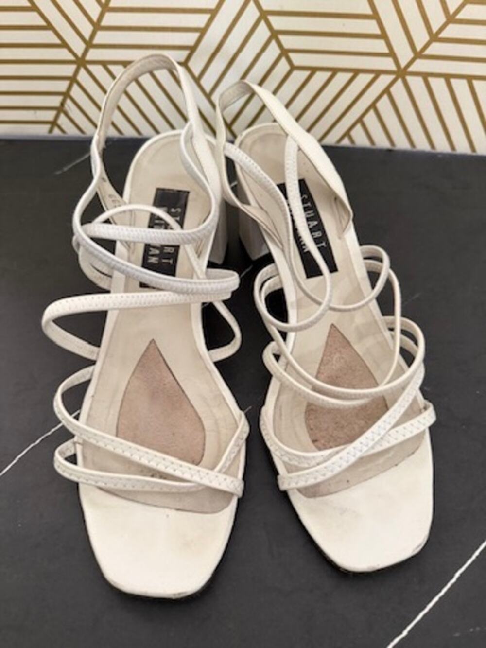 Stuart Weitzman Women's White Strappy Block Heel Sandal | Size 8